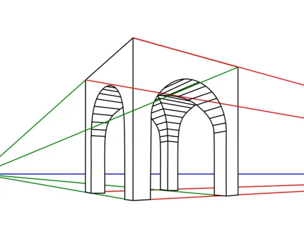 Illustration d'une perspective à deux points montrant deux arches gothiques avec des lignes de fuite rouges et vertes.