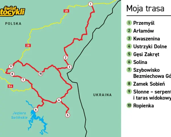 Mapa motocyklowej trasy przez Polskę, z zaznaczonymi punktami takimi jak Ustrzyki Dolne, Jezioro Solińskie i serpentyny w Słonne.