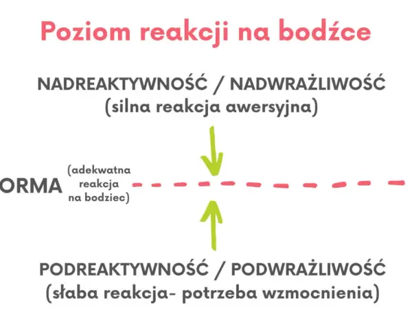 Diagram ilustruje poziom reakcji na bodźce: nadreaktywność (silna reakcja), norma (adekwatna reakcja) i podreaktywność (słaba reakcja, potrzeba wzmocnienia).
