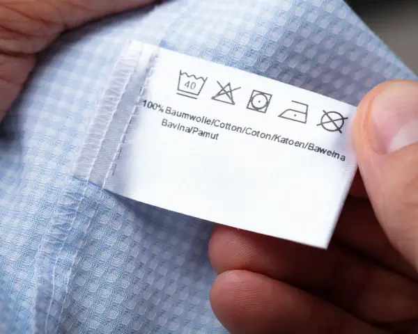 Metka z symbolami prania: prać w 40°C, nie wybielać, prasować, nie wirować symbol. 100% bawełna.