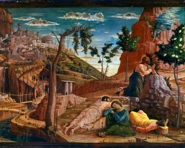 Jesus im Garten Gethsemane betet, während seine Jünger schlafen. Eine Engelsgestalt erscheint. Im Hintergrund eine Stadt.