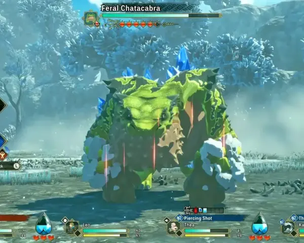 En Monster Hunter Stories 3, un Feral Chatacabra verde y rocoso se enfrenta a un equipo.