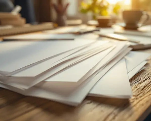 Stos białych kartek o różnej gramaturze papieru leży na drewnianym blacie.