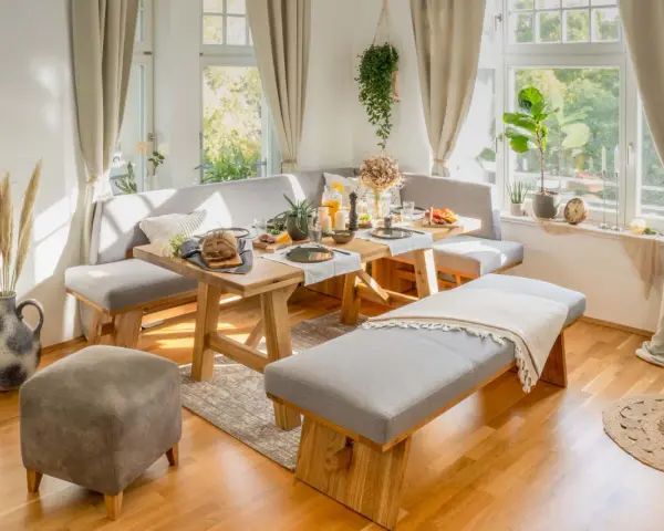 Moderne eckbank ideen für gemütliche Essbereiche. Ein Holztisch mit rustikalen Beinen, gepolsterte Sitzbänke und ein Hocker schaffen einladende Atmosphäre.