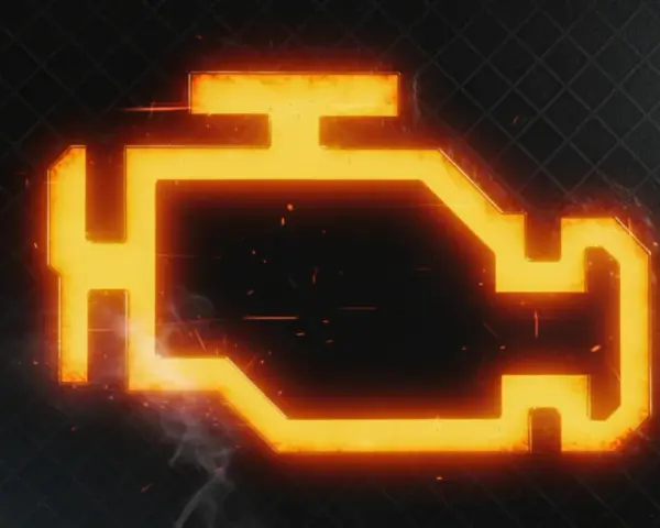 Die Motorleuchte leuchtet orange und zeigt ein Warnsymbol. Rauch und Funken deuten auf ein Problem hin.