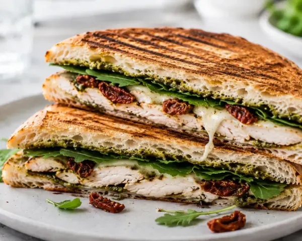 Pyszne panini z kurczakiem, rukolą, suszonymi pomidorami i pesto. Idealny przepis na szybki obiad.