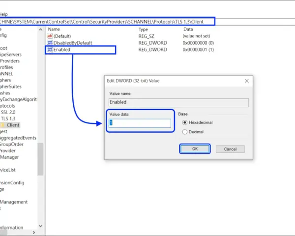 Registry Editor shows how to disable TLS 1.3 by changing the "Enabled" value data to 0.
