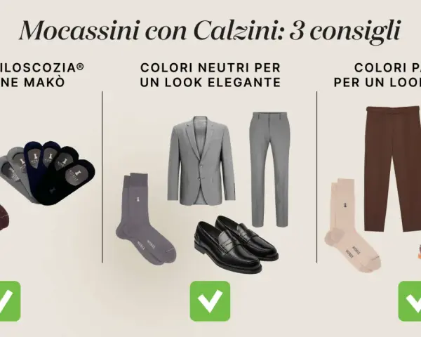 Consigli per abbinare mocassini con calze: filati pregiati, colori neutri per eleganza, pastello per creatività.