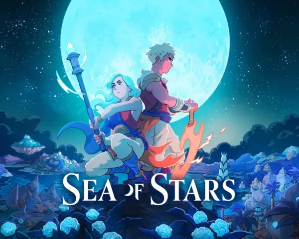 Dos héroes, un bastón y una espada llameante, bajo una luna gigante. ¡Una guía para Sea of Stars!