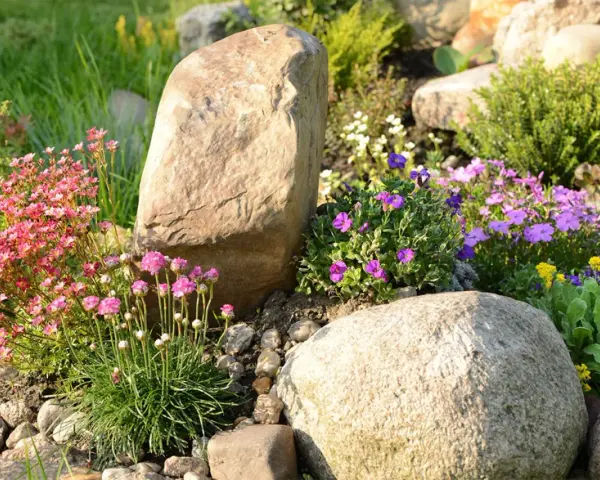 Natürliche Steine und bunte Blumen verschönern den Garten. Ein Steinbeet mit rosa und lila Blüten, ideal zum **Garten dekorieren mit Steinen**.
