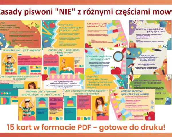 Zasady pisowni „nie” z różnymi częściami mowy: rzeczowniki, przymiotniki, zaimki, czasowniki, imiesłowy, partykuły, przysłówki, wyrażenia przyimkowe, formy wykrzyknikowe.