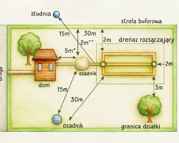 Schemat przydomowej oczyszczalni ścieków: dom, osadnik, drenaż rozsączający, studnia. Wymiary wskazują na koszt budowy oczyszczalni ścieków.