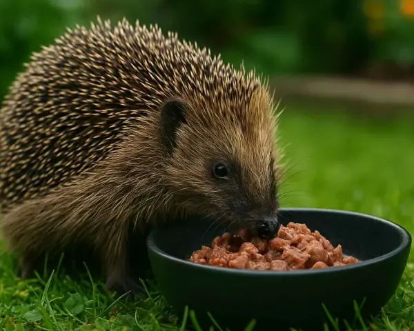 Jeż w ogrodzie zajada mokrą karmę z miseczki. Dowiedz się, czym karmić jeża w ogrodzie, by mu pomóc.