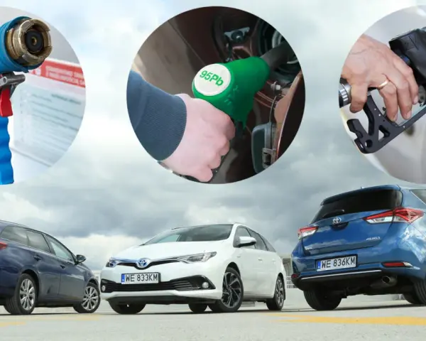 Tankowanie samochodów: pistolety do paliwa, w tym do diesla, i trzy auta Toyota Auris.