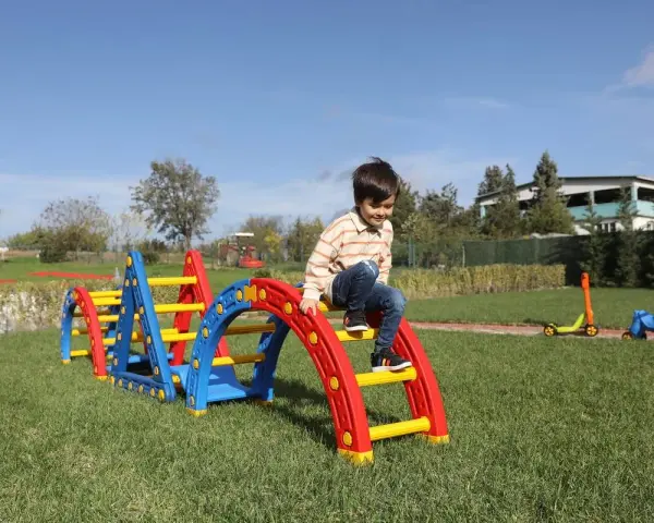 Kolorowy plac zabaw w ogrodzie to świetne atrakcje na urodziny dziecka. Chłopiec wspina się po zjeżdżalni, a obok stoi jeździk i konik na biegunach.