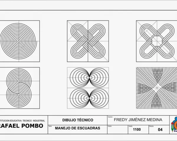Dibujo técnico que demuestra el manejo de escuadras con diseños geométricos, incluyendo espirales y nudos.