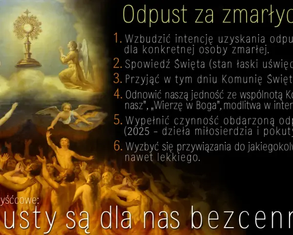 Aniołowie i dusze w niebie adorują monstrancję. Obraz symbolizuje modlitwę, która zawsze zostaje wysłuchana, niosąc ulgę duszom czyśćcowym.