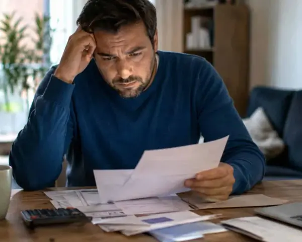Zmartwiony mężczyzna analizuje dokumenty, być może związane z umorzeniem postępowania upadłościowego. Na stole leżą rachunki, kalkulator i laptop.