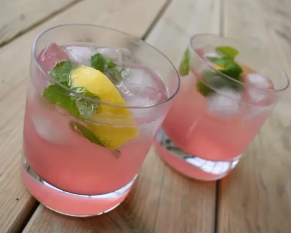 Två glas med rosa rabarberdrink, is, citron och mynta på träbord.