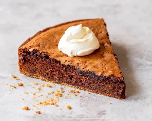 En bit kladdig protein kladdkaka med en klick vispad grädde.