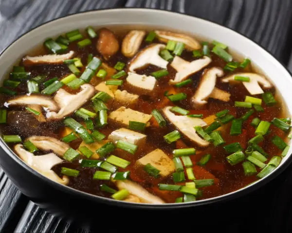 A miska zupy miso z kawałkami tofu, grzybami shiitake i szczypiorkiem.