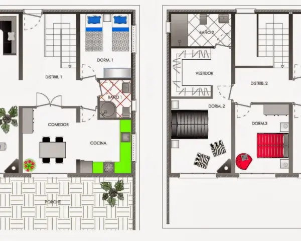 Plano casa feng shui ideal: salón, comedor, cocina, 5 dormitorios, 3 baños, vestidor y porche.