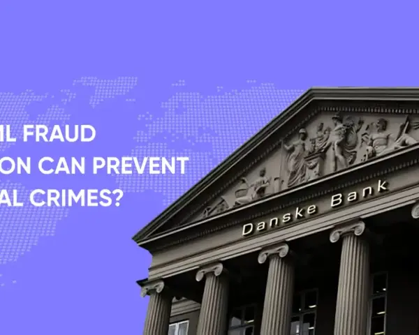 Danske Bank building with text "HOW AML FRAUD DETECTION CAN PREVENT FINANCIAL CRIMES?".