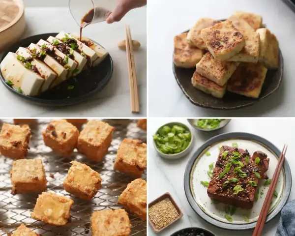 Różne sposoby przygotowania tofu: pokrojone w plastry z sosem, smażone kostki, pieczone kawałki i grillowany blok. Tofu co to? Wszechstronny składnik!