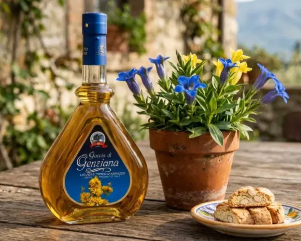 Liquore Genziana Abruzzo, con fiori blu e gialli, biscotti e sfondo di pietra.