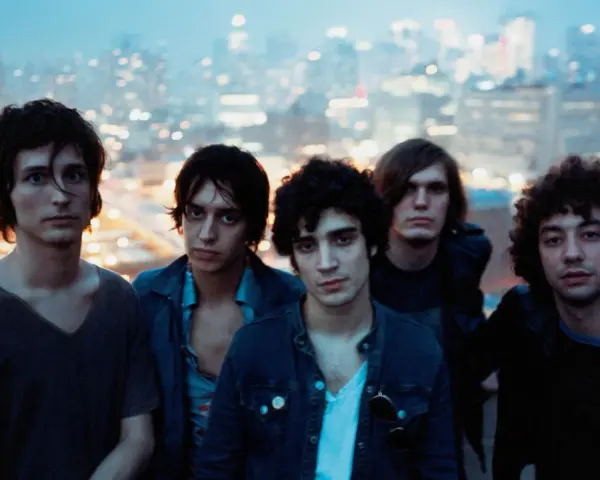 Les membres de The Strokes posent ensemble, le regard tourné vers l'objectif, avec une ville illuminée en arrière-plan.