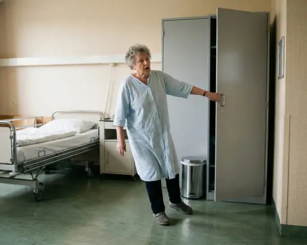 Ältere Frau im Krankenhaushemd, die sich an einer Tür festhält. Sie hatte einen Arbeitsunfall, ging aber nicht zum Arzt.