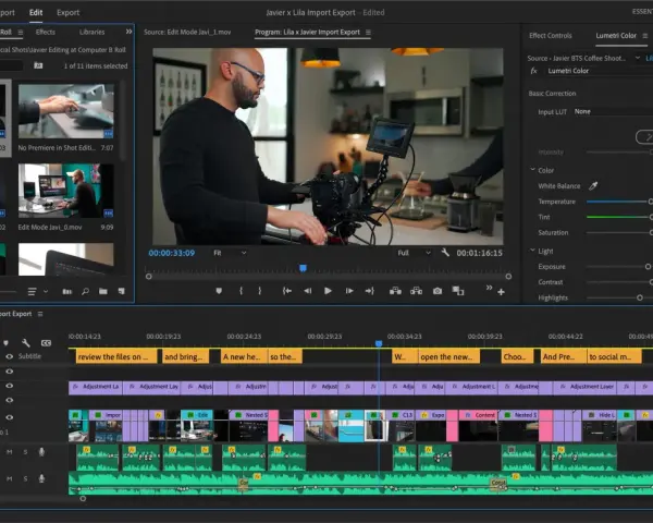 Edycja wideo w Adobe Premiere Pro: montażysta pracuje nad projektem, dodając klipy i efekty, w tym korekcję kolorów Lumetri Color.