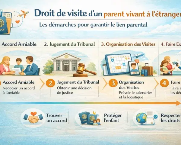 Schéma expliquant le droit de visite d'un parent à l'étranger : accord amiable, jugement, organisation et exécution. Le droit de visite obligatoire jusqu'à quel âge n'est pas précisé.