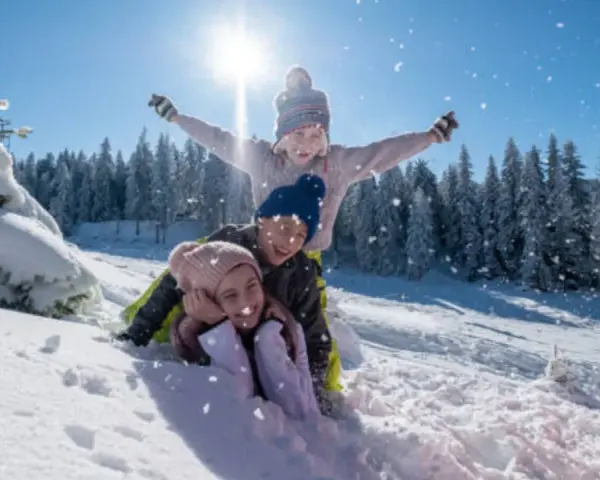 Niños felices en trineo, disfrutando de las vacaciones de invierno cuando empiezan. Nieve cayendo, sol brillante y árboles nevados.