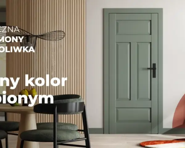 Klasyczna, oliwkowa porta Harmony B.0 z czarną klamką, idealnie wpasowana w nowoczesne wnętrze.