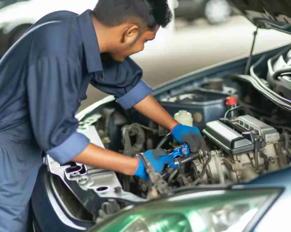 Mechaniker arbeitet am Motor. Er prüft die Kraftstoffpumpe, um die Kraftstoffpumpe Kosten zu ermitteln.