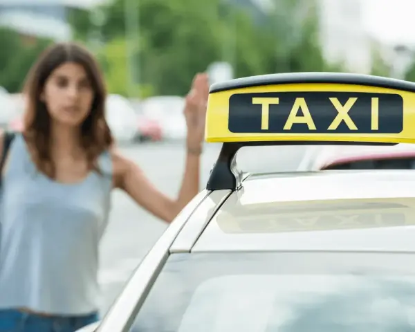 Frau winkt einem Taxi für eine kurze Strecke.