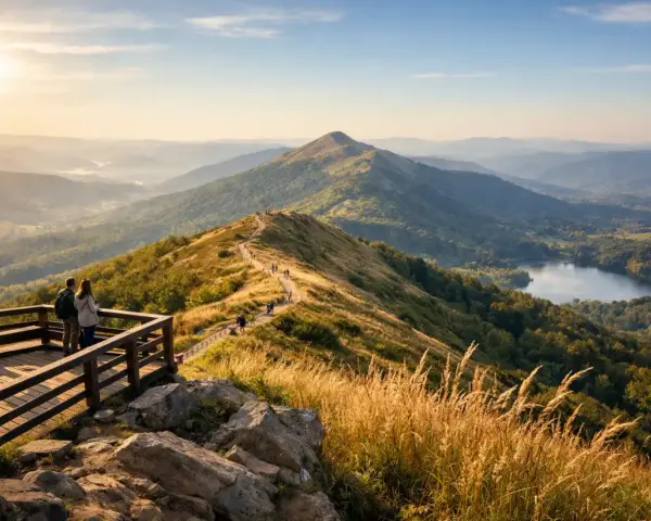 Bieszczady co warto zobaczyć: para na tarasie widokowym podziwia malowniczy szlak i jezioro w dolinie.