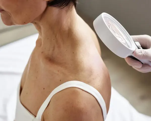 Dermatolog ogląda skórę szyi i ramion pacjentki przez lupę.