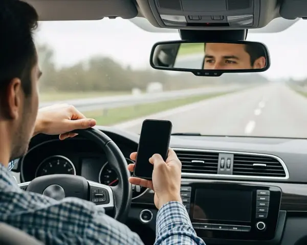 Mann am Steuer während der Probezeit, der auf sein Handy schaut. Eine gefährliche Ablenkung, die vermieden werden sollte.