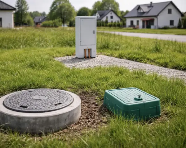 Na trawiastym podwórku, obok studzienki kanalizacyjnej i zielonej skrzynki, stoi biała szafka z widocznymi przewodami, elementem sieci wysokiego napięcia.