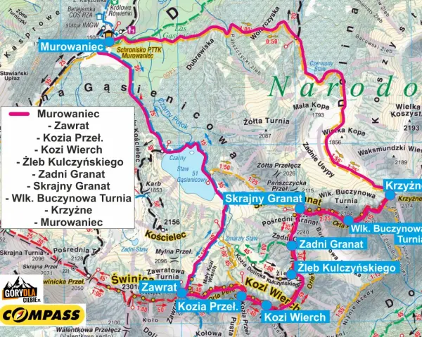 Mapa szlaków Orla Perć: Murowaniec, Zawrat, Kozi Wierch, Zadni Granat, Krzyżne i inne szczyty.