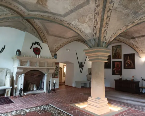 Wnętrze pałacu w Ciechanowicach z kamiennym kominkiem, malowanym sklepieniem i portretami na ścianach.