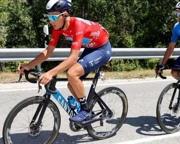Cyclists in red and blue vuelta jerseys race on a sunny road, with lush green trees lining the background.