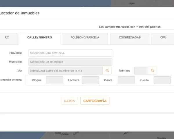Buscador de inmuebles para un catastro virtual. Campos para introducir dirección, provincia, municipio y otros datos.