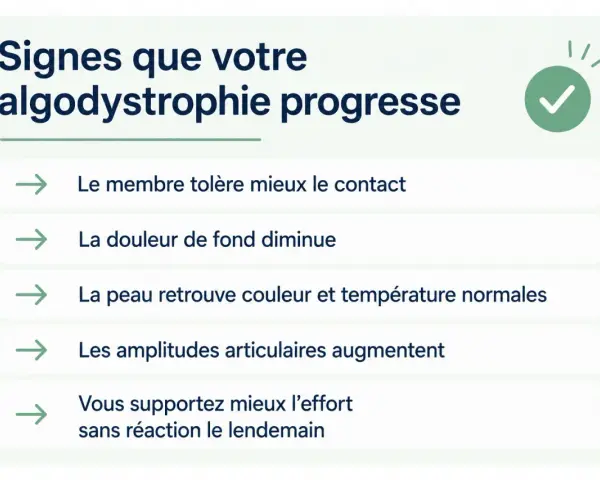 Signes d'amélioration de l'algodystrophie : membre tolérant mieux le contact, douleur diminuée, peau normale, amplitudes articulaires accrues, meilleure tolérance à l'effort.