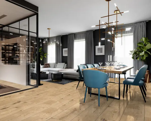 Nowoczesny salon z jadalnią, gdzie drewniana podłoga kronostep tworzy ciepłą bazę dla błękitnych krzeseł i eleganckiej jadalni.
