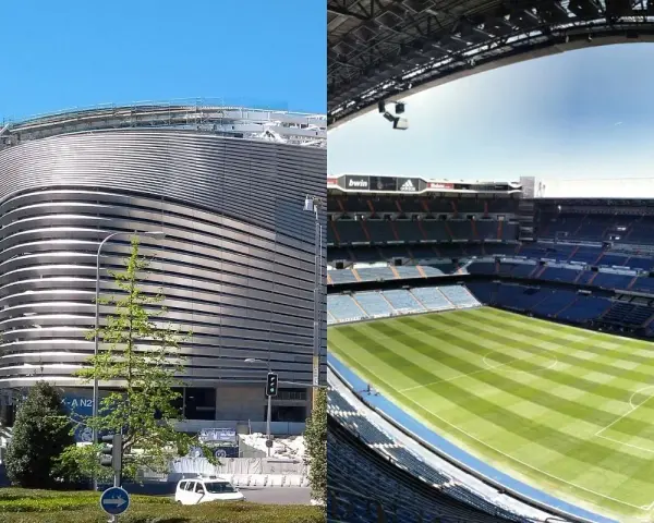 Nowy stadion Realu Madryt w budowie i gotowy do gry. Futurystyczna fasada i zielona murawa Santiago Bernabéu.