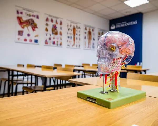 Model mózgu na biurku w sali wykładowej. Idealne miejsce do nauki psychologii sądowej, gdzie zrozumienie ludzkiego umysłu jest kluczowe.