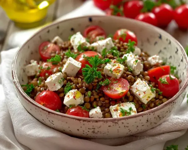 Ein köstlicher Linsensalat mit Feta, Kirschtomaten und frischer Petersilie, garniert mit Gewürzen.
